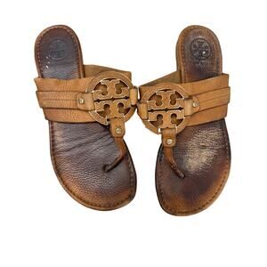 Tory Burch Miller Sandals Size 8.5 Brown Leather Logo Thong Sandals Leather
